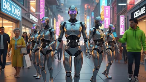 a futuristic urban scene depicting humanoid robots with glowing eyes walking through a vibrant shopping street, showcasing a blend of advanced technology and modern life.