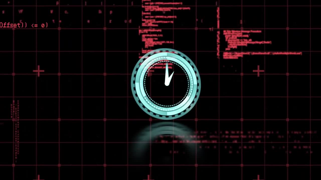 Animation of clock over data processing on black background
