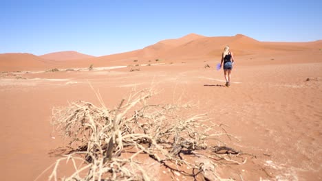 young millenial woman walking in the sossusvlei, namibia with a bottle of water and t-shirt