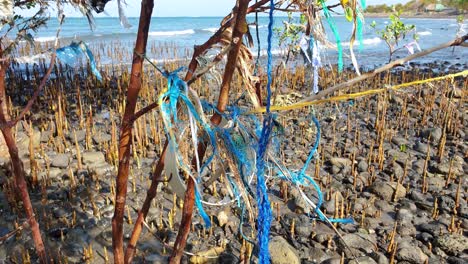 Desechos-Desechados-De-Sedal,-Cuerdas-Y-Bolsas-De-Plástico-Que-Contaminan-El-Medio-Ambiente-Del-Océano,-Los-Manglares-Y-La-Costa-Del-País-Del-Sudeste-Asiático