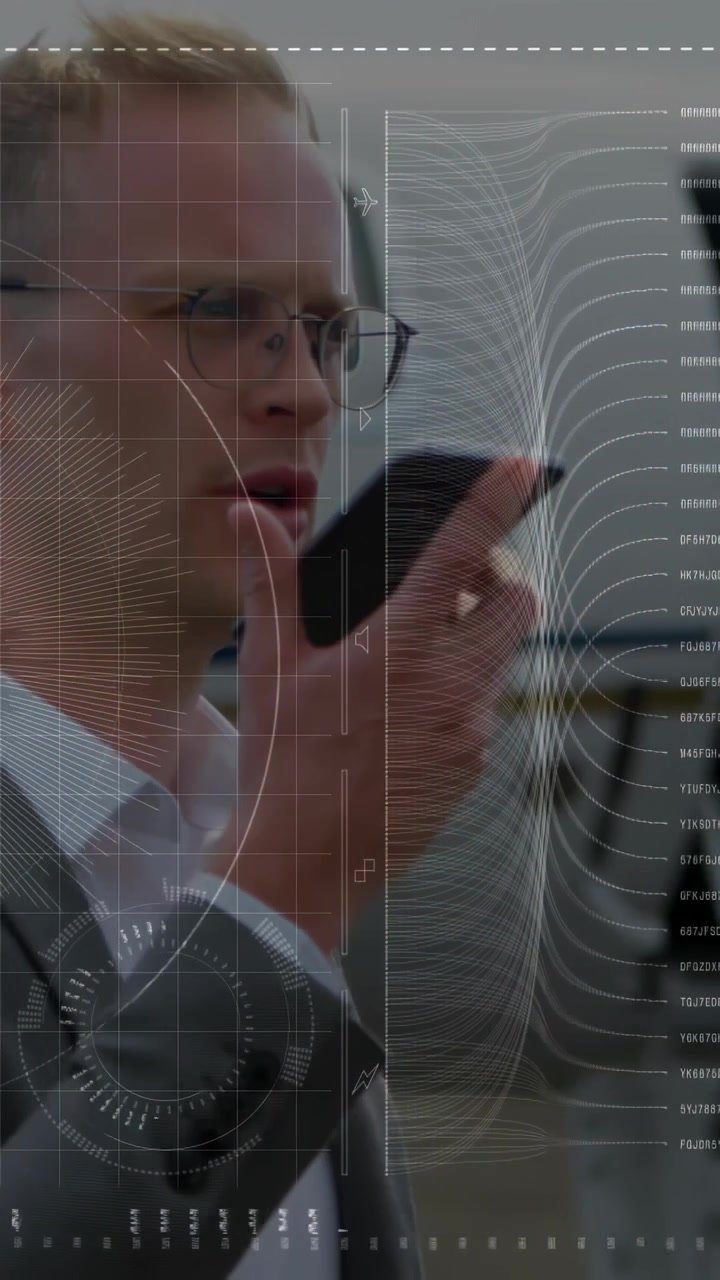 Vertical video: Businessman bringing phone up and making call on aircraft, HUD showing call data