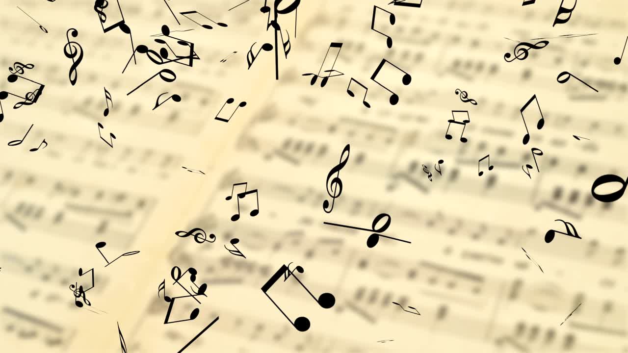 Music notes falling on the blurred background with old music sheet