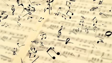 notas de música que caen en el fondo borroso con la vieja hoja de música