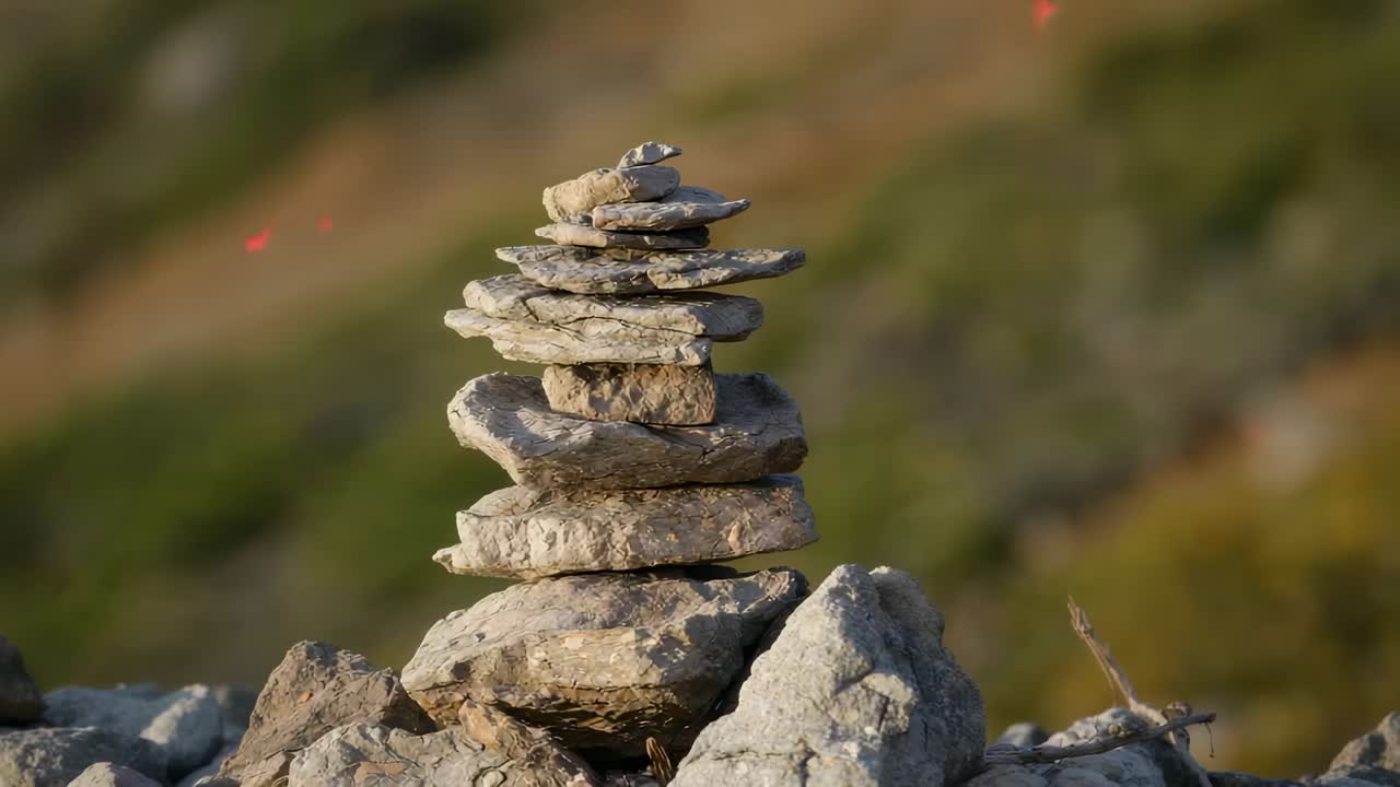 Comienzo del plano, la cámara se acerca enfatizando el hito de piedras apiladas con rocas y ramitas en la ladera
