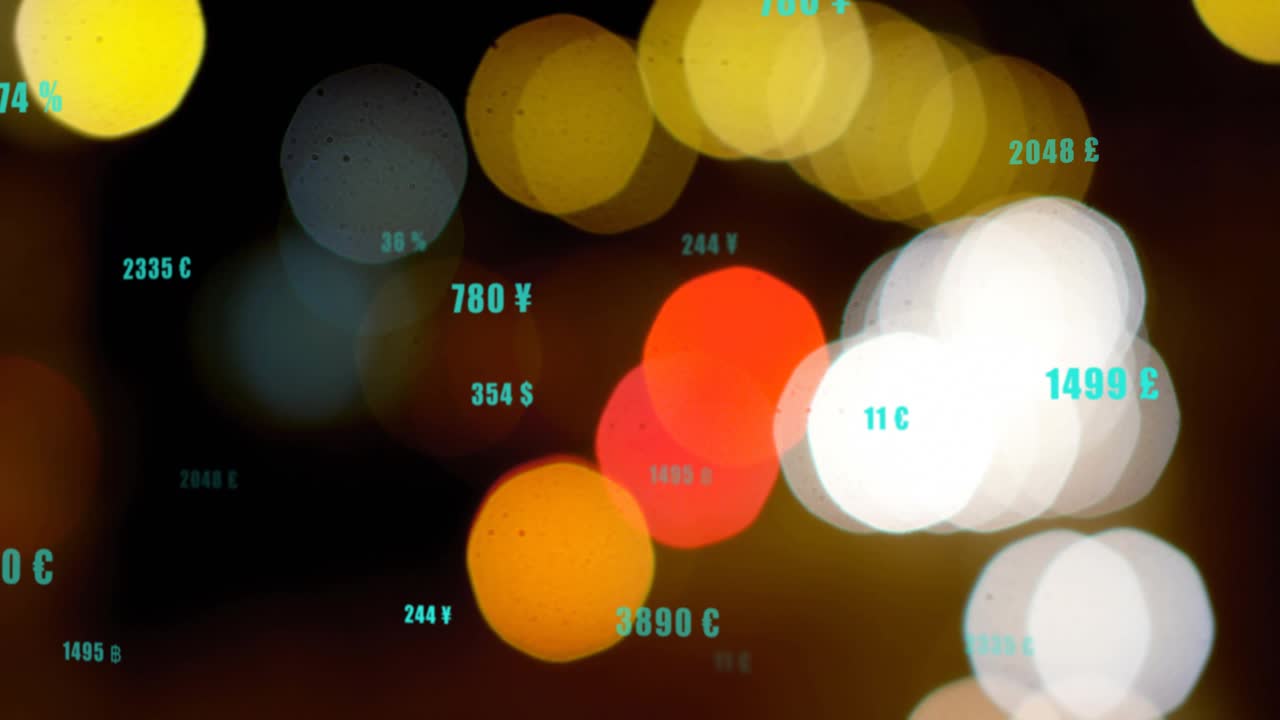 Bokeh lights showing animated aqua numbers, large aqua number appearing then shifting to show data