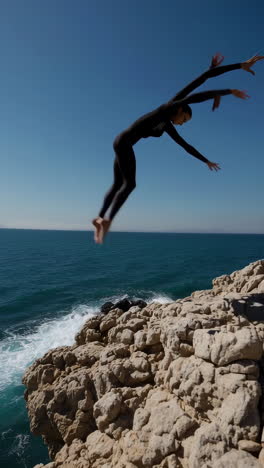 woman cliff diving into the blue ocean