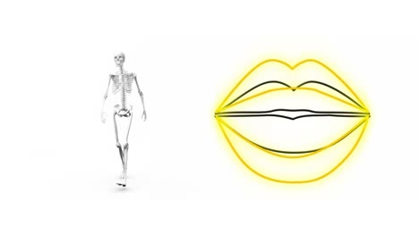 animación digital de labios amarillos de neón y esqueleto humano caminando contra un fondo blanco