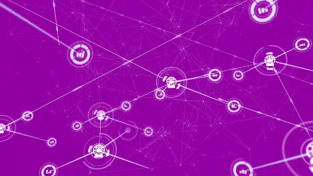Animation of network of connections with icons over purple background