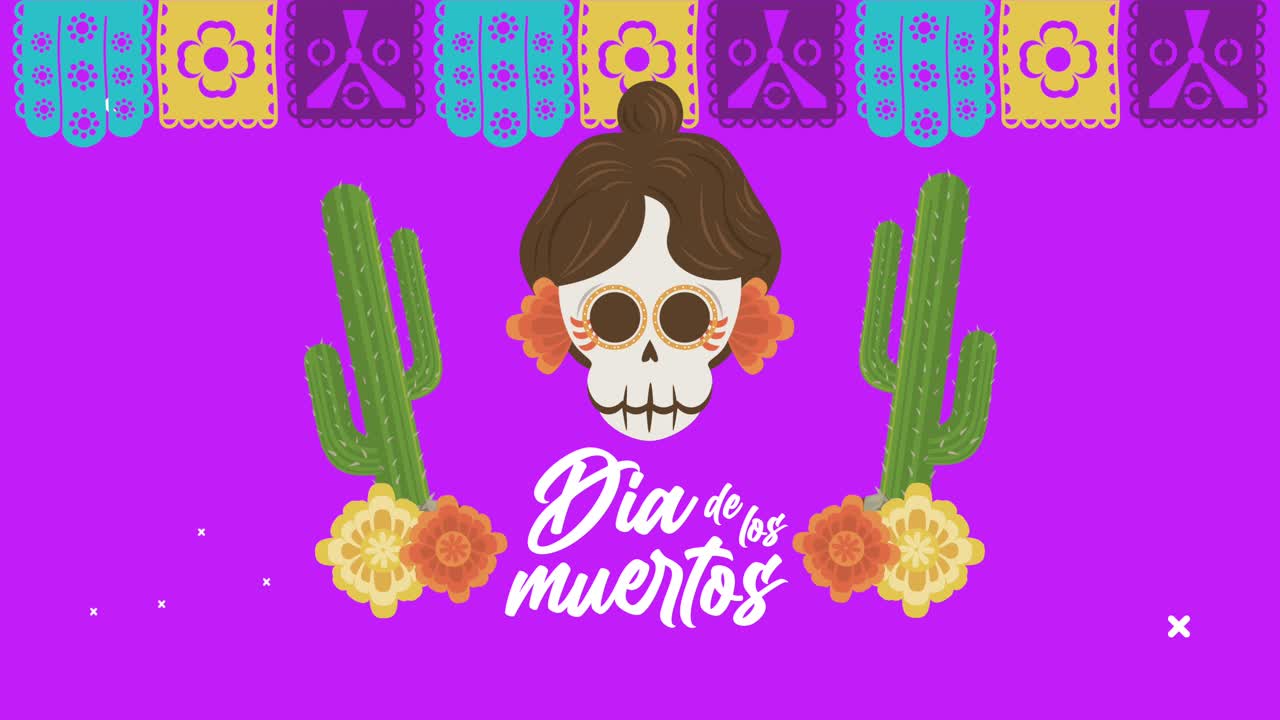 dia de los muertos lettering celebration with katrina skull and cactus