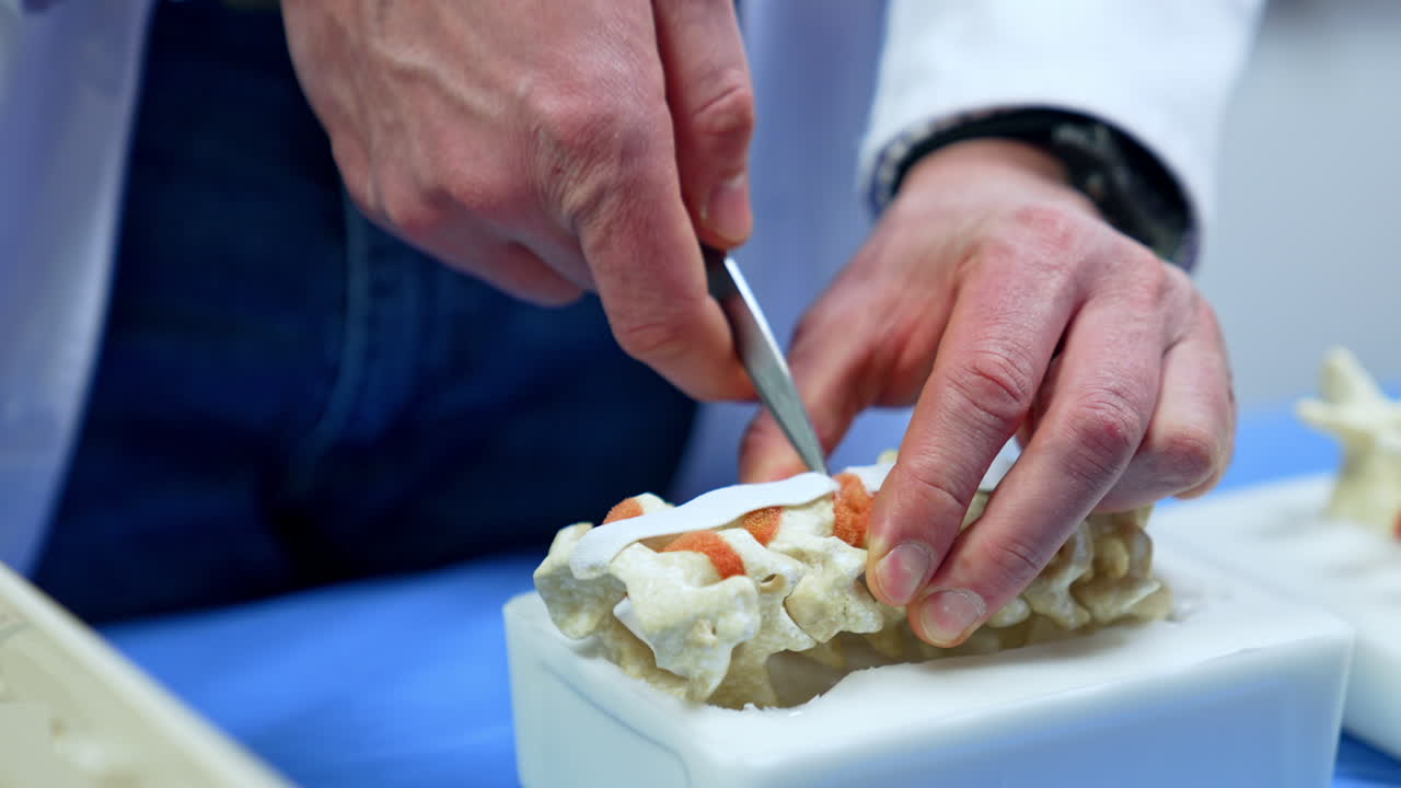 Hands of unrecognized person hold the model of spine and apply metal scissors. Man tries to disconnect the bones of the dummy. Close up.