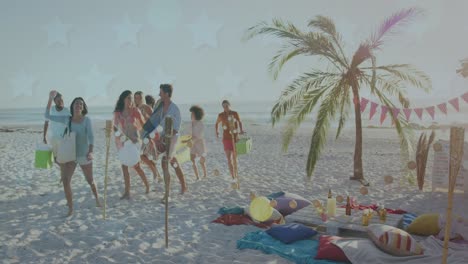 animation of stars over diverse friends preparing picnic on beach