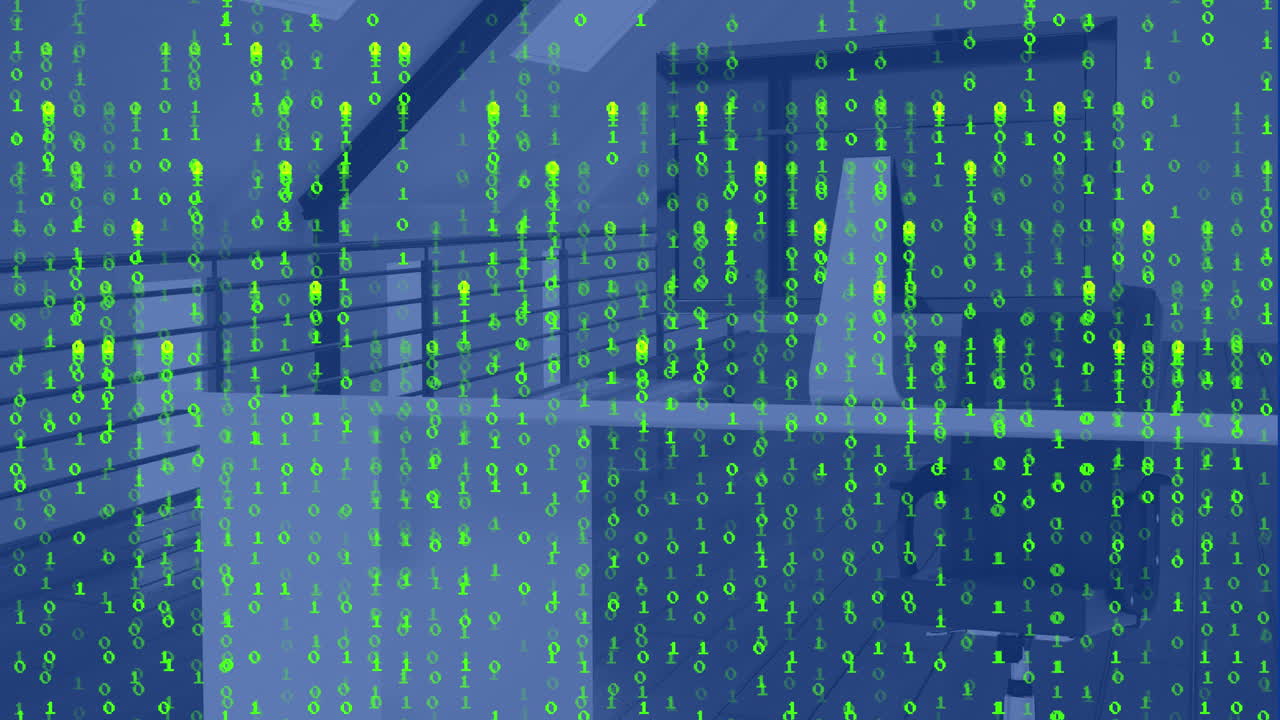 Animation of green falling binary codes over desktop and unoccupied chair in office