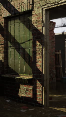 abandoned building with brick wall, window and door