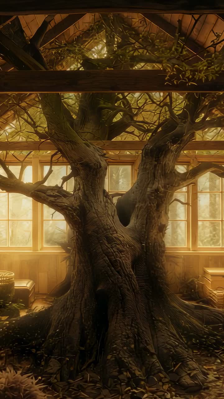 Vertical video: Streaming sunlight lighting gnarled tree trunk in greenhouse highlighting leaves