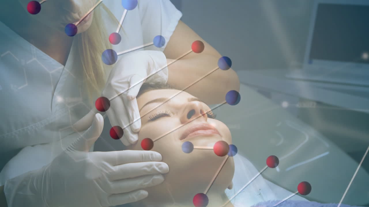 Esthetician gently positioning client face in dermatology clinic, with floating molecular graphics