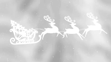 christmas tree in sleigh being pulled by reindeers against white background