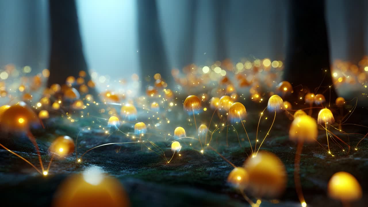 A mesmerizing landscape of luminous mushrooms glowing in a mystical forest, creating an enchanting atmosphere with sparkling lights and a dreamlike ambiance, inviting exploration and wonder
