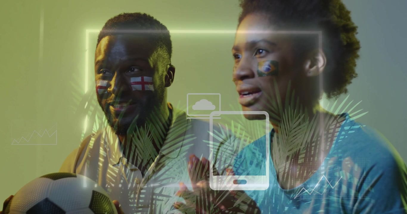 Happy Football Fans with Digital Data and Nature Overlays