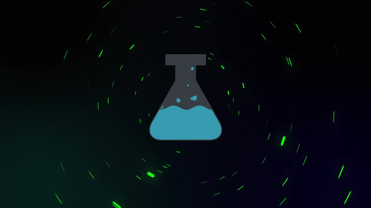 анимация чашки с голубой жидкостью и обработка данных на темном фоне