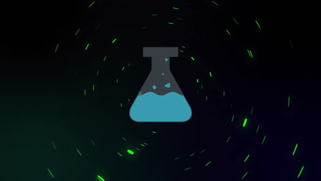 animación del vaso con líquido azul y procesamiento de datos en fondo oscuro