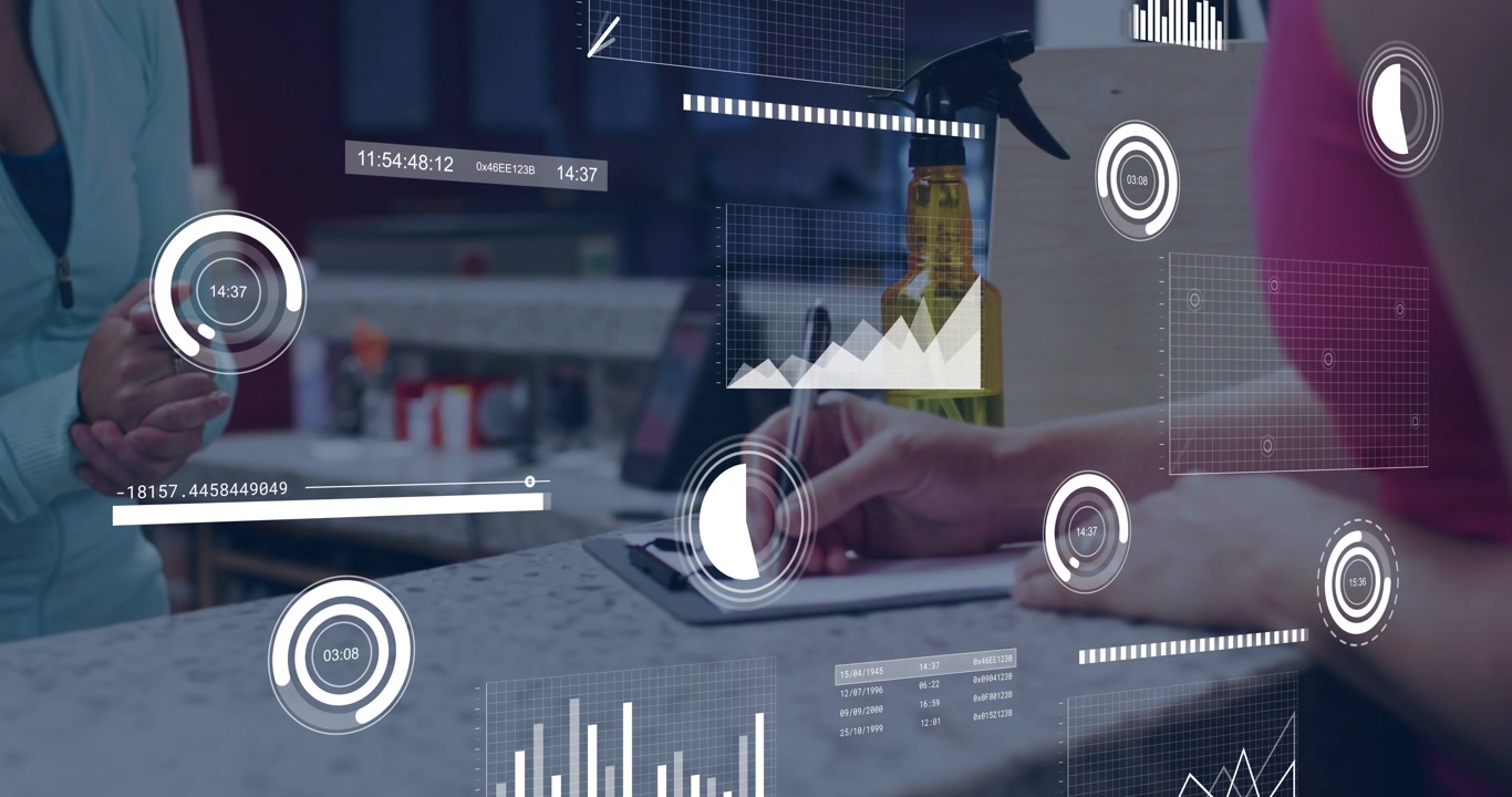 Client handing item while staff writing on clipboard as HUD charts overlaying scene tracking retail
