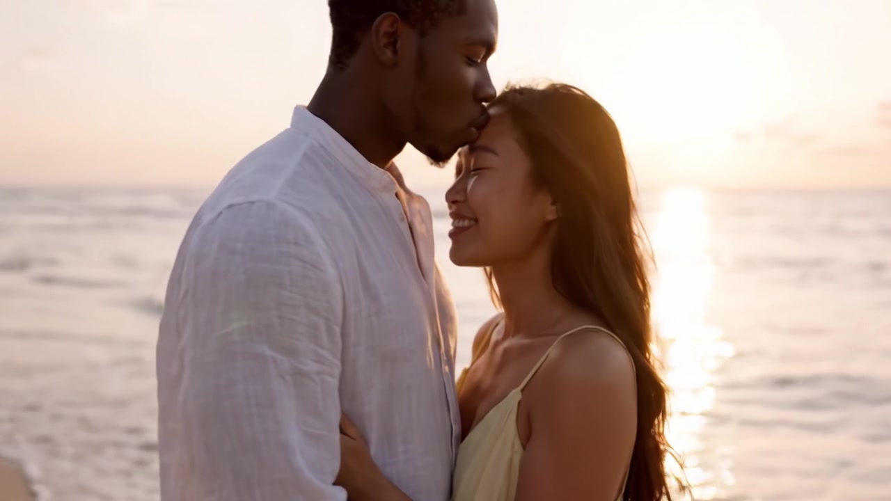 Momentos Íntimos na Praia: Um Casal se Abraçando ao Pôr do Sol em uma Praia Serena, Capturando Amor e Conexão em Meio à Beleza da Natureza