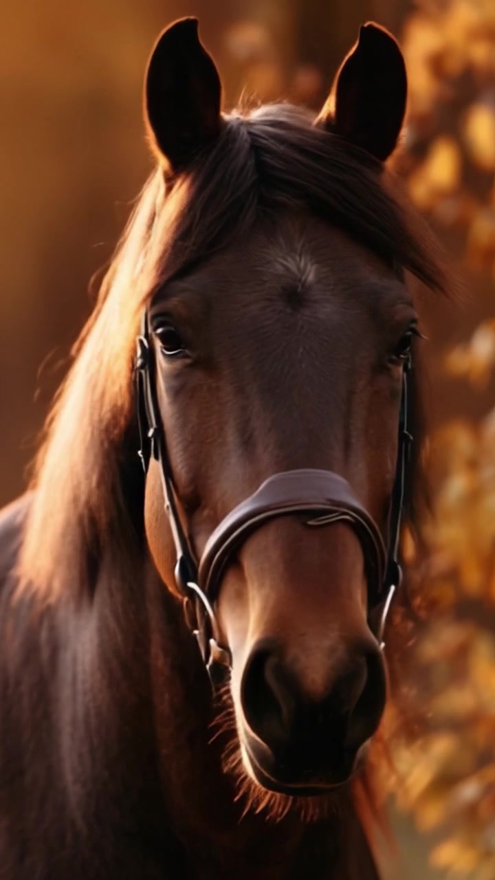 A Majestic Close-Up of a Brown Horse Captured in Soft Light Surrounded by Autumn Leaves, Highlighting Its Graceful Features and Serene Expression