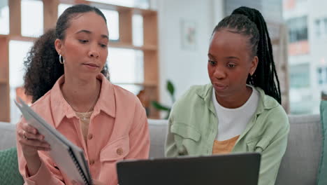 Paper,-laptop-and-lgbt-couple-at-home-for-budget