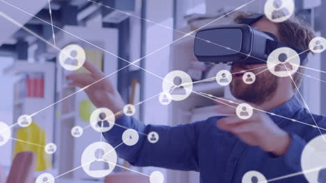 Animation of network of connections with icons over caucasian businessman using vr headset