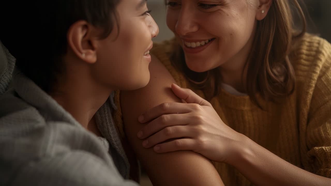 Leaning grey-hoodie teen speaking to mom on couch, woman in mustard sweater holding arm comforting