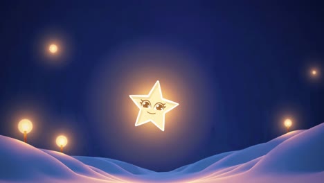 estrella de dibujos animados brillante con expresión amistosa que irradia calor sobre el paisaje invernal nocturno nevado, iluminación suave que destaca la escena mágica del invierno