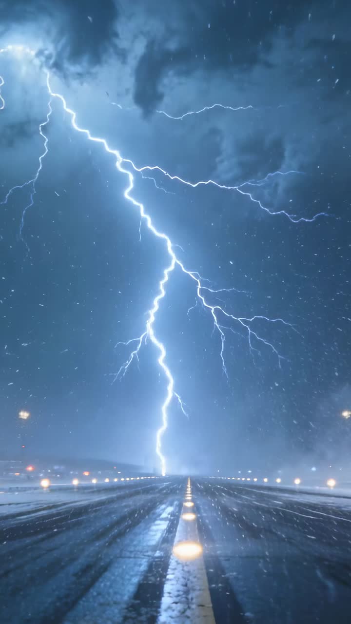 Video verticale: Tempesta con fulmine che colpisce le luci centrali della pista all'aeroporto, illuminando l'asfalto bagnato