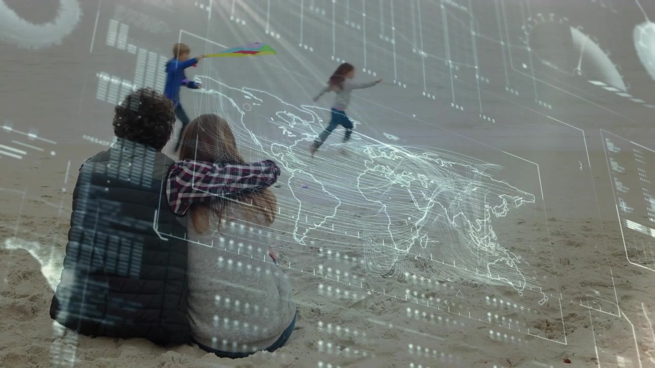 Couple sitting monitoring kids entering right on beach, running with kite, tech HUD overlaying map