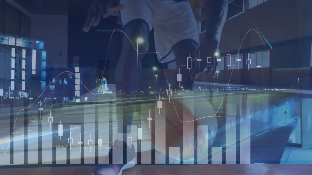 농구 선수와 도시 풍경에 대한 금융 데이터 처리 애니메이션