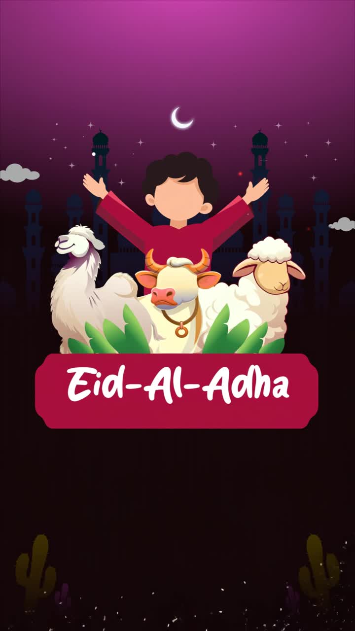 Animazione di auguri per l'Eid al-Adha con mucca, pecora e lama accanto, sotto la luna crescente e i minareti della moschea.