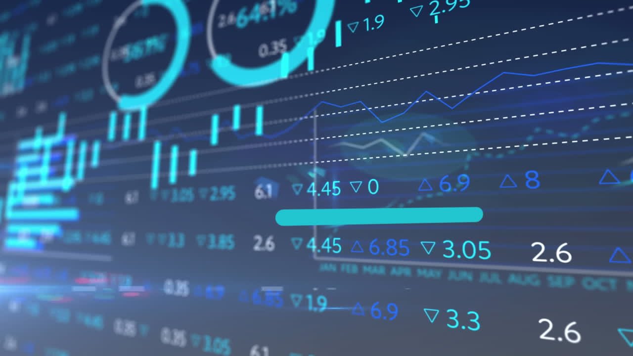 animación del procesamiento de datos financieros de la bolsa de valores con teléfonos inteligentes e iconos digitales