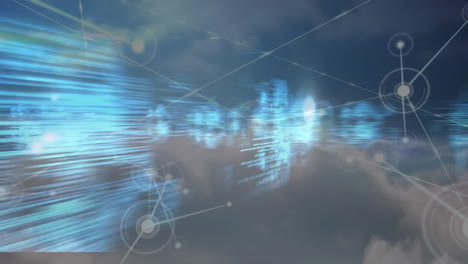 green 3d cube grid hovering above cloud textures, flowing blue data streams with glowing nodes