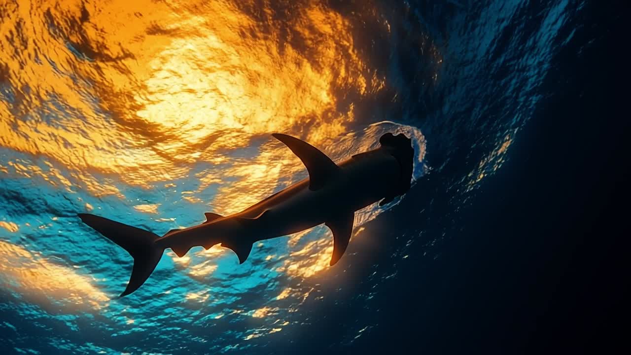 Shark swimming in colorful ocean waters. A silhouette of a shark gliding through vibrant ocean waters at sunset, showcasing nature's beauty and tranquility.