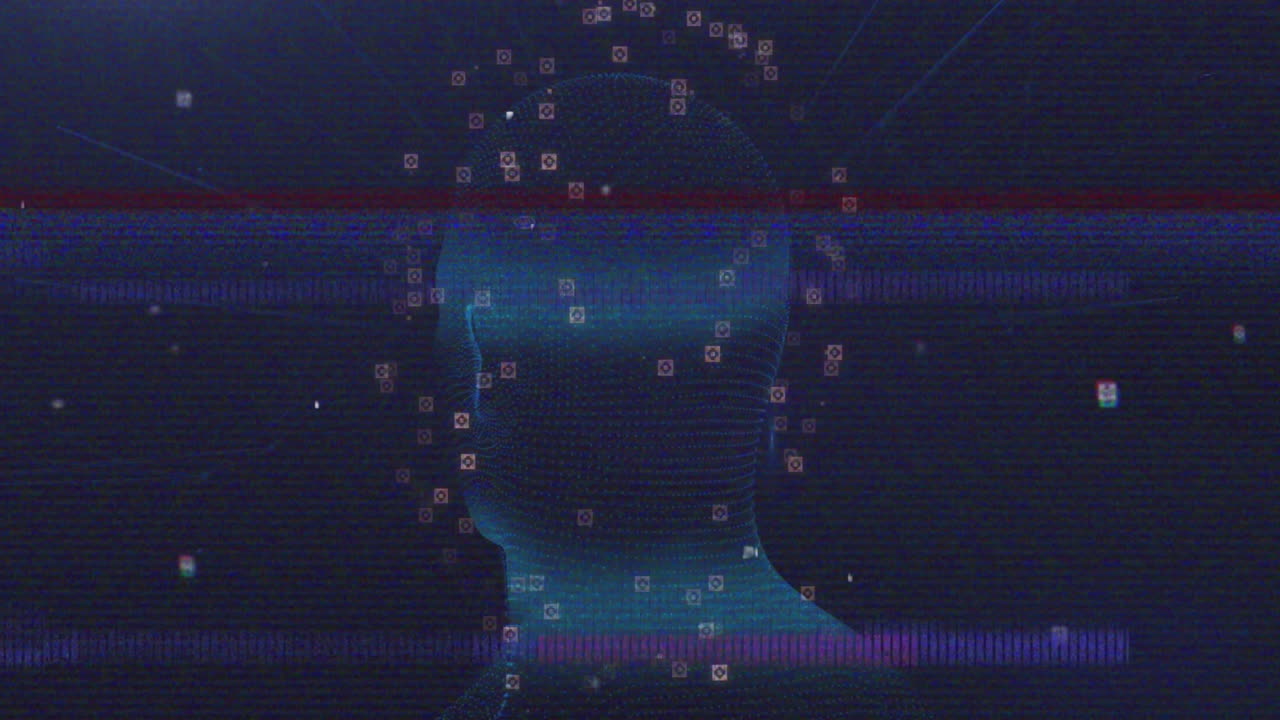 Digital human silhouette surrounded by data points and binary coding animation