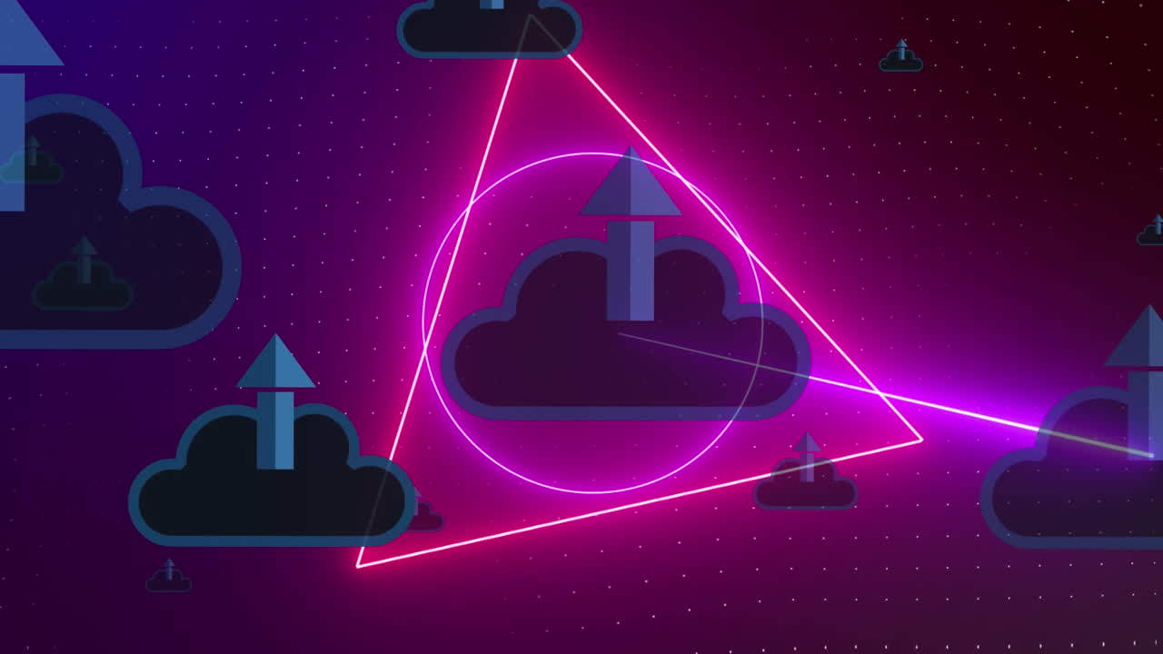 animaciones de formas geométricas con iconos de nubes en fondo oscuro