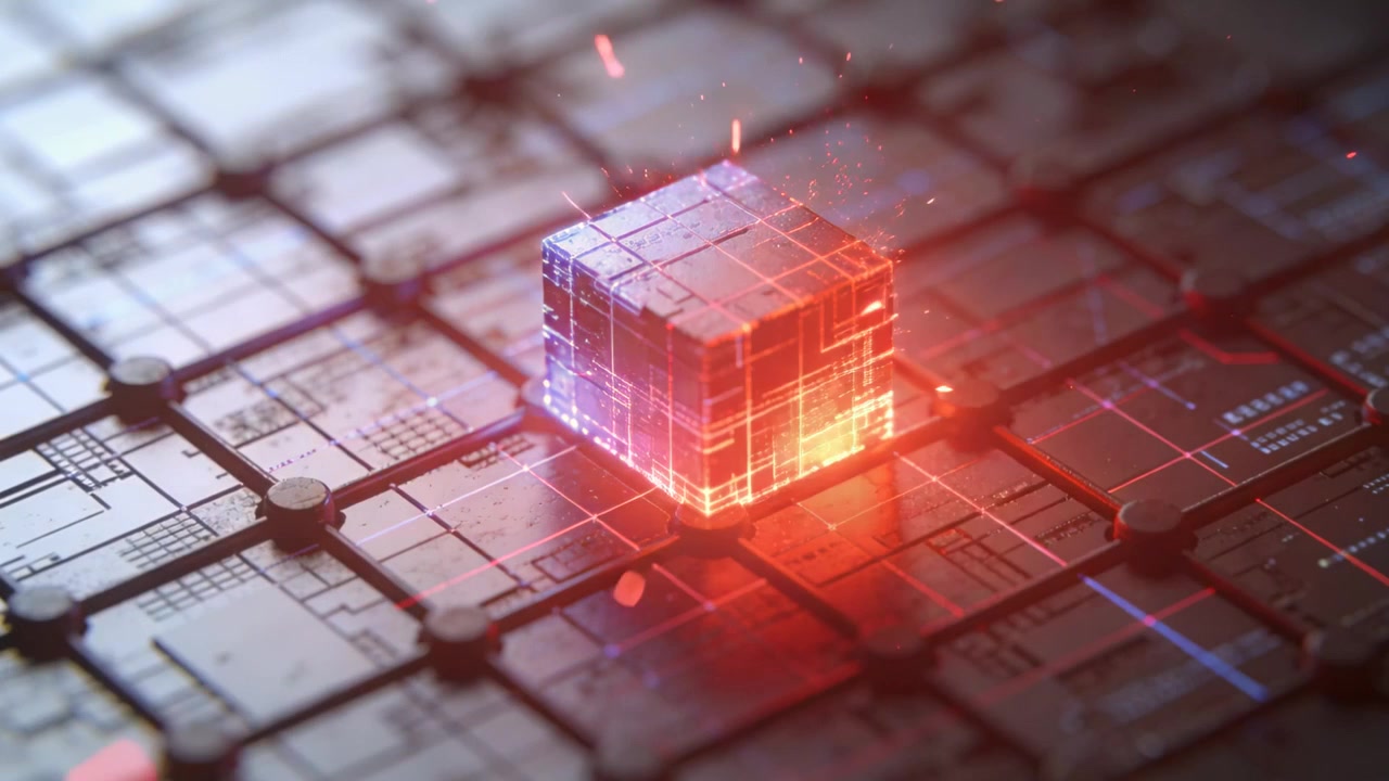 Activation pulse arriving, translucent cube pulsing red-orange on circuit platform emitting sparks