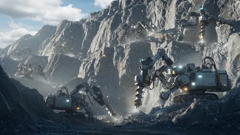exploration and extraction: advanced robotic machinery operating in rugged terrain, uncovering minerals and resources amidst dramatic mountainous landscapes