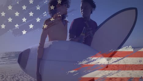 animation of american flag drawn over mixed race couple by seaside