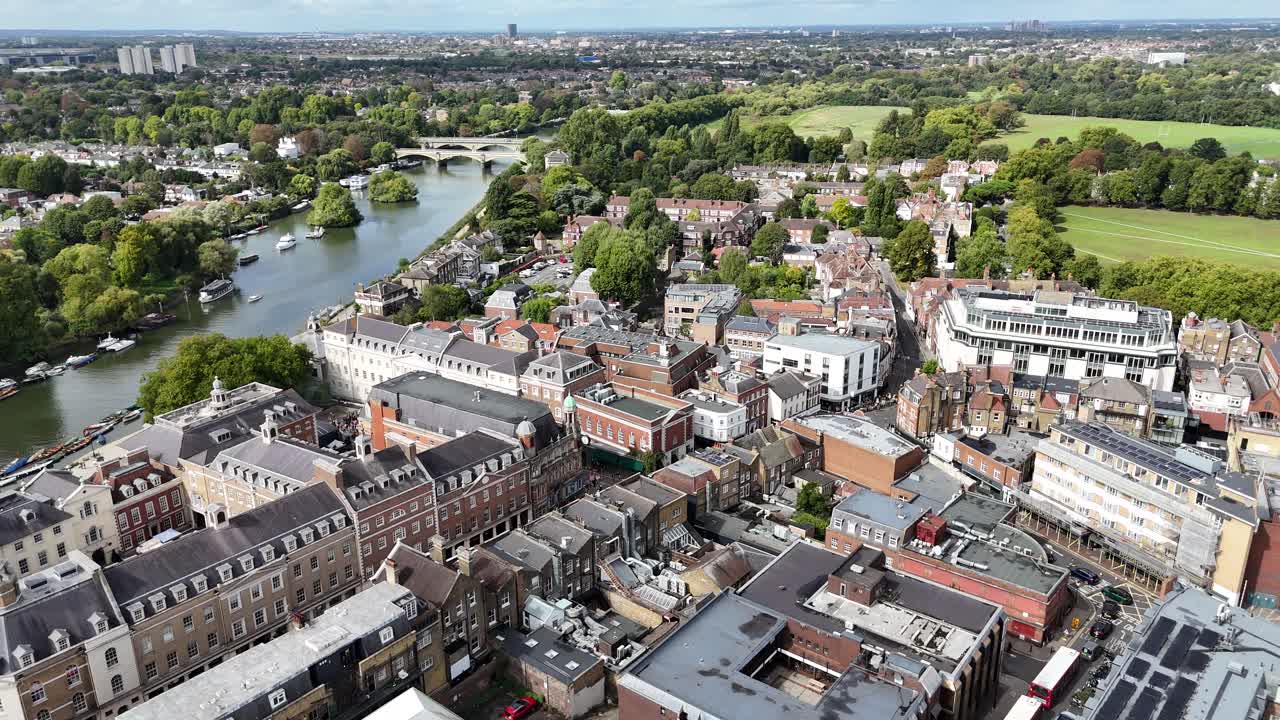 Desending drone,aerial Richmond Town Centre London UK Streets, Shops