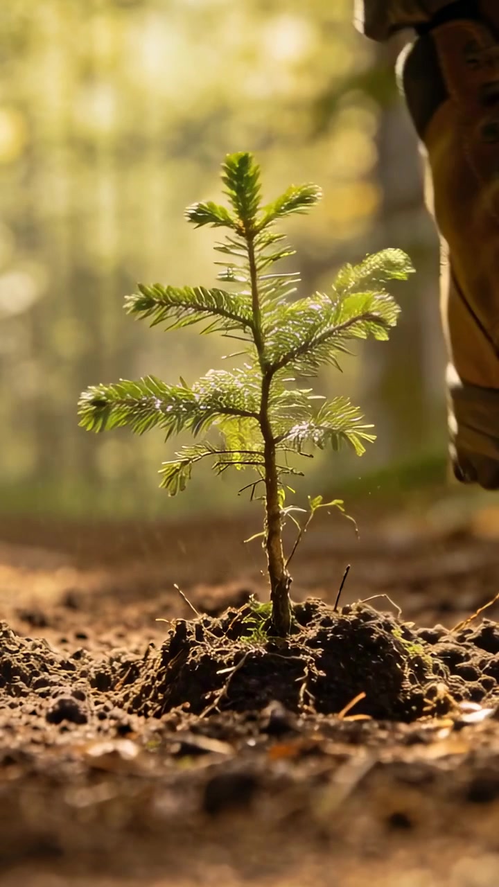 Vertical video: Approaching booted hiker stepping around sapling in sunlit forest, protecting roots