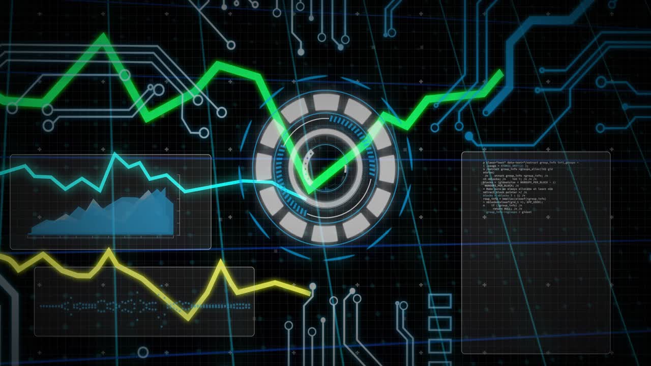 Green trace emerging left causing HUD ring pulsing, routing data while cyan and yellow oscillating