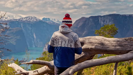 niño enviando mensajes de texto y disfrutando de la vista a la montaña de pie en el tronco de un árbol caído en noruega - lapso de tiempo