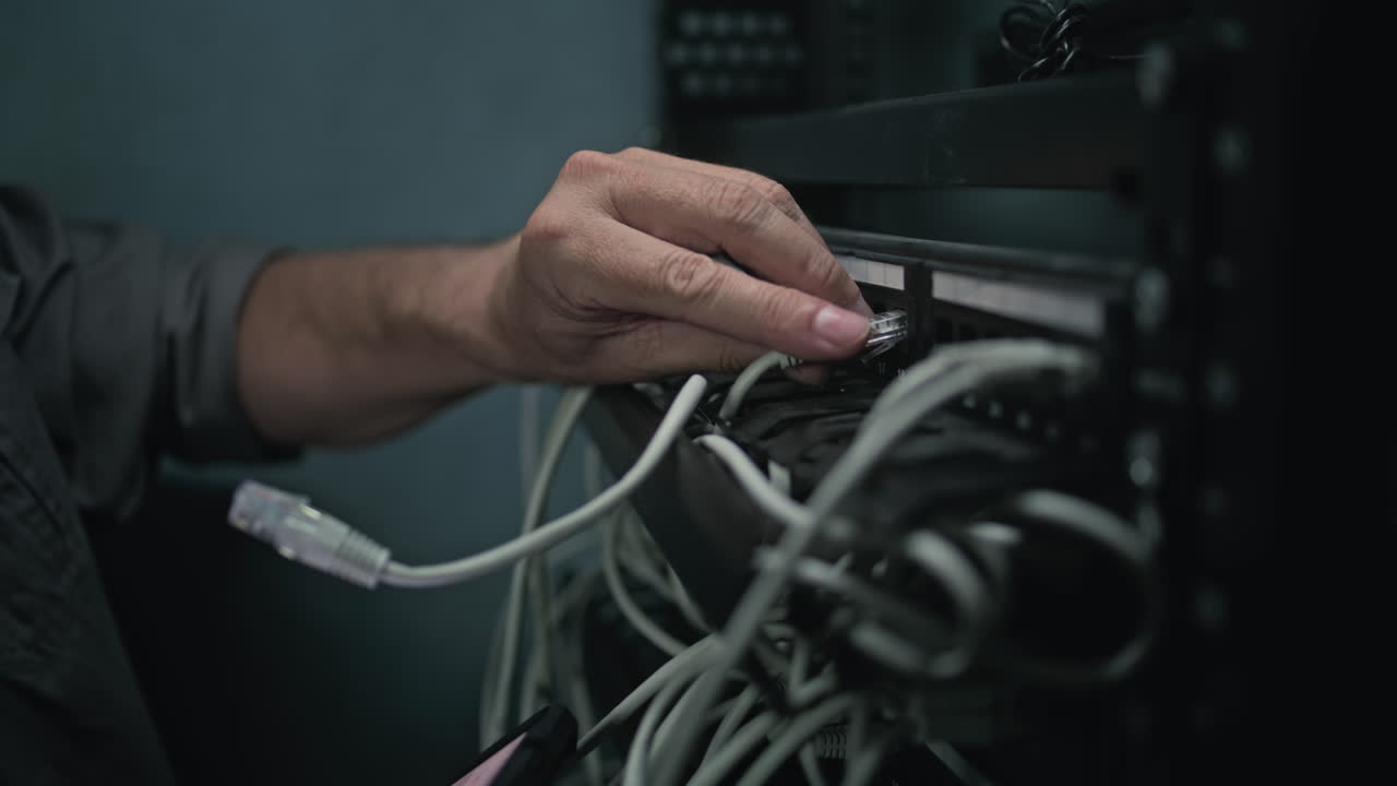 Person connecting network cables in a server room