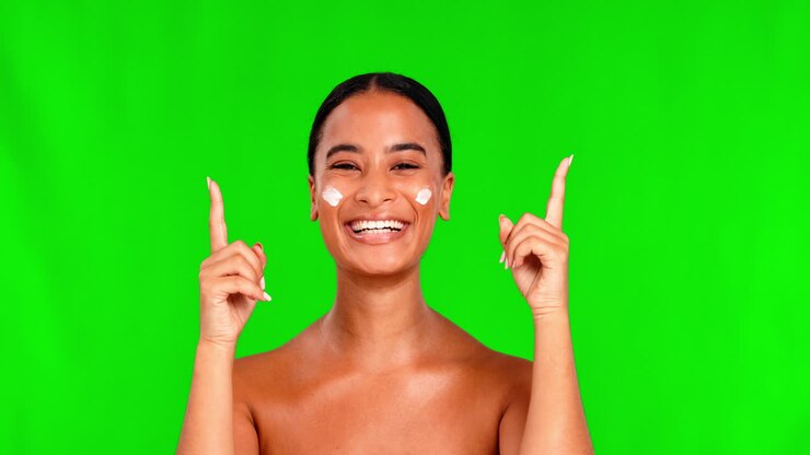 Green screen, cream and face of happy woman
