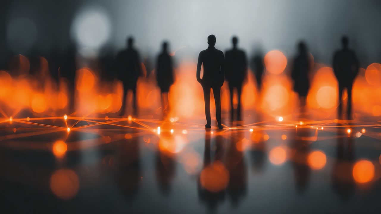 Silhouetted Figures in an Abstract Network of Light: Exploring the Dynamics of Connection and Community in a Digital Landscape